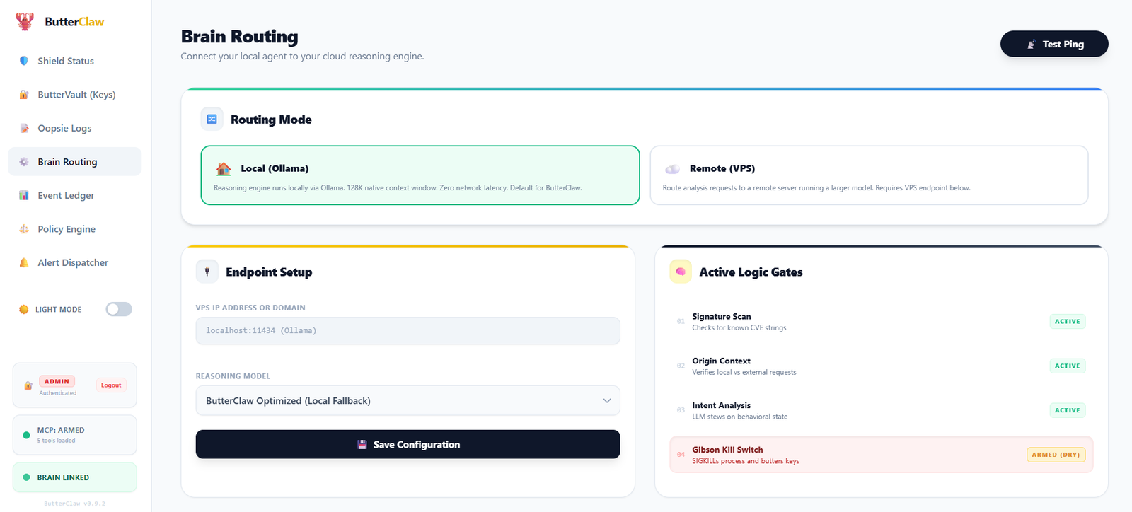 Routing dashboard — choose local Ollama or remote AI brain